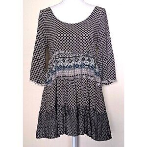 Umgee Flowy Boho Mixed Print Tiered Ruffle Tunic Top Sz S
